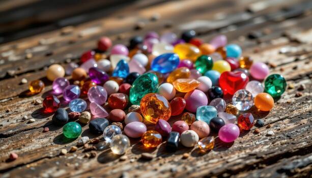 A pile of multicolored gemstones on a rustic wooden surface under soft natural light, emphasizing textures, facets, and color variety, no living beings. photo