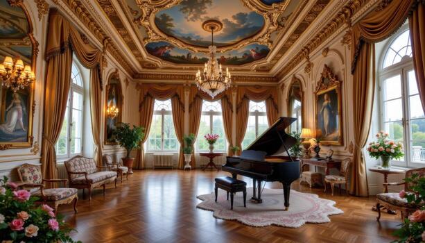 A palatial music room with ornate frescoed ceilings, luxurious curtains, and flowers arranged along the piano and in corners, creating a lavish ambiance. photo
