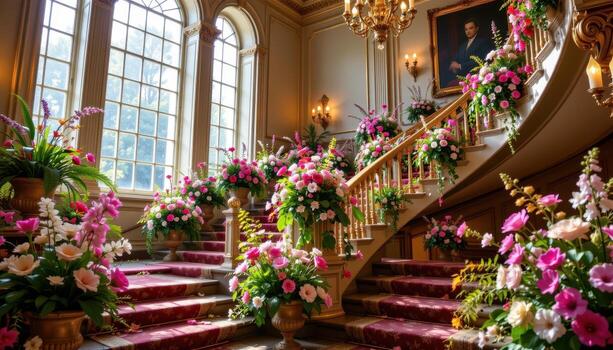 A grand staircase landing adorned with floral displays in every corner, gilded railings, and sunlight streaming in through tall windows, highlighting the vibrant colors of the flowers. photo