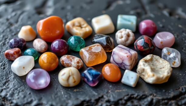 A collection of raw and polished gemstones artistically arranged on a dark stone slab, each stone's color and texture standing out, no humans or animals. photo