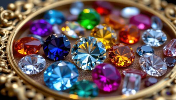 A close up of sparkling gemstones embedded in a decorative tray, showing intricate cuts, facets, and light refractions, no living beings. photo
