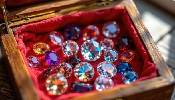 A close up of faceted gemstones lying in a velvet lined wooden box, sunlight reflecting on multiple facets and creating sparkle, no people or animals. photo