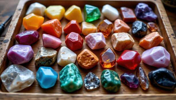 A display of gemstones arranged in gradient order by color on a wooden tray, each stone showing texture, depth, and hue, no humans or animals. photo