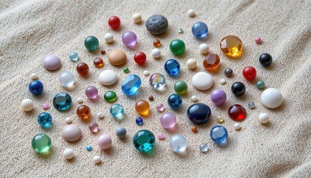 A top down view of gemstones arranged in small clusters on linen fabric, highlighting natural colors, textures, and light reflections, no people or animals. photo