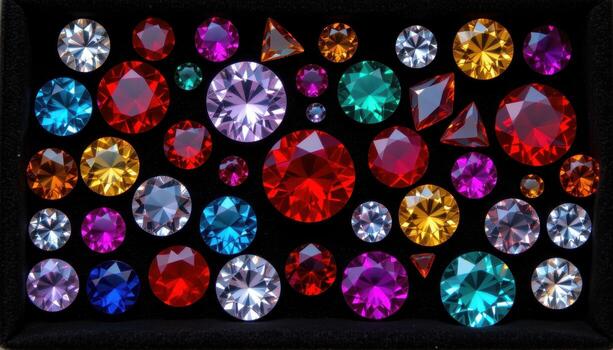A top down view of assorted gemstones arranged in patterns on dark velvet, showing shine, depth, and brilliance, no humans or animals. photo