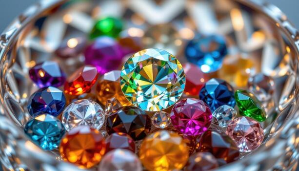 A macro image of gemstones embedded in a crystal bowl, emphasizing transparency, light play, and detailed facets, no people or animals. photo