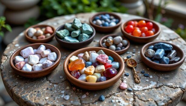 A variety of gemstones arranged in small bowls on a stone table, emphasizing color, texture, and transparency, no humans or animals. photo