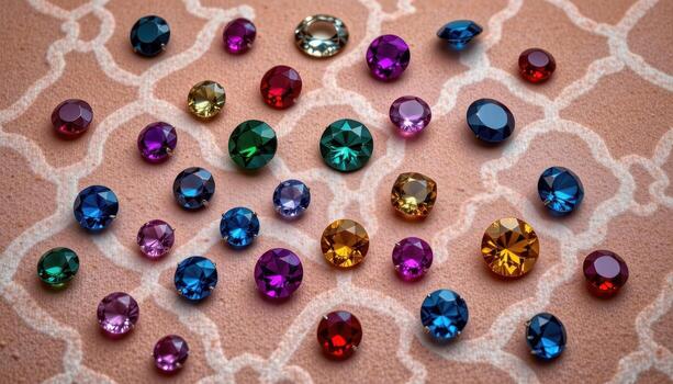 A top down view of gemstones scattered in geometric patterns on velvet, capturing depth, shine, and color, no people or animals. photo