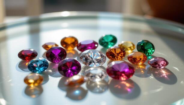 A collection of polished gemstones on a glass surface with sunlight reflecting through facets, creating vibrant patterns, no people or animals. photo