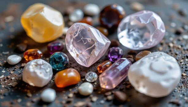 A close up of raw gemstones on a textured surface, emphasizing irregular shapes, natural hues, and depth, no living beings. photo
