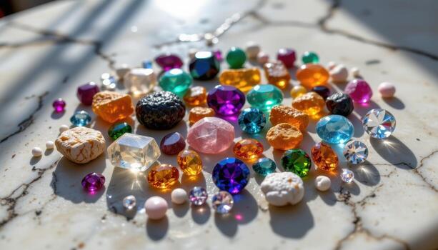A luxurious display of raw and faceted gemstones on a marble slab, sunlight accentuating sparkle, color, and texture, no living beings. photo