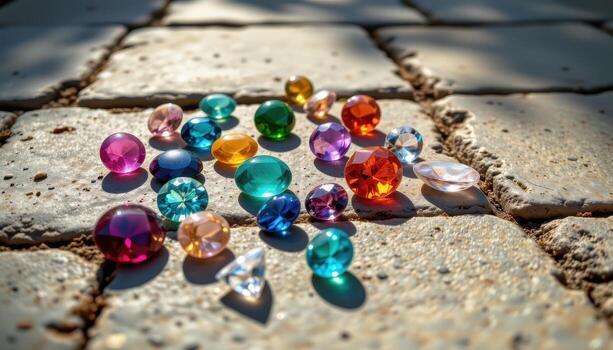 A collection of polished gemstones on stone tiles with sunlight casting soft reflections and shadows across facets, no living beings. photo