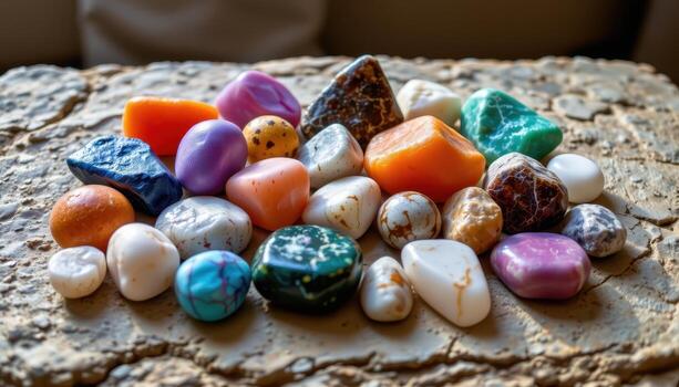 A collection of raw gemstones arranged on a stone slab, highlighting natural textures, colors, and irregular shapes, no living beings. photo