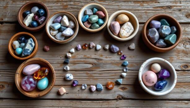 A collection of gemstones in small bowls on a rustic wooden surface, emphasizing textures, shapes, and vibrant hues, no humans or animals. photo