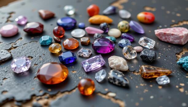 A collection of polished gemstones arranged in geometric patterns on a dark stone table, showing facets, shine, and color, no people or animals. photo