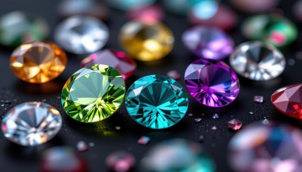 A macro shot of faceted gemstones on a black background, highlighting cuts, reflections, brilliance, and color, no living beings. photo