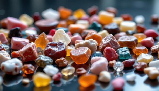 A close up of raw gemstones scattered on a mirrored surface, capturing reflections, colors, and natural textures, no living beings. photo