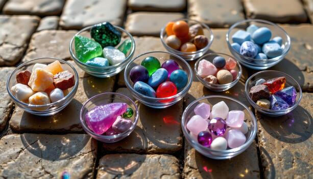 A collection of raw and faceted gemstones in glass bowls on stone tiles, with light enhancing textures, reflections, and color depth, no humans or animals. photo