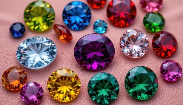 A top down view of polished gemstones arranged by shape and color on velvet, emphasizing shine, reflections, and vibrant tones, no humans or animals. photo