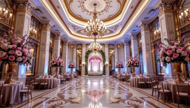 An opulent reception hall with marble columns and decorative ceiling details, filled with large floral installations in ornate vases and urns, no humans or animals. photo