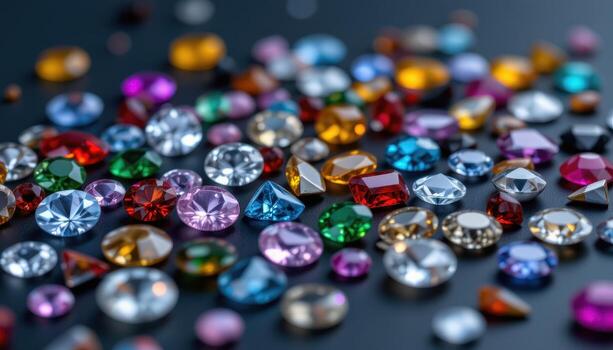 A close up of gemstones scattered on a dark surface, emphasizing facets, reflections, color saturation, and texture, no people or animals. photo