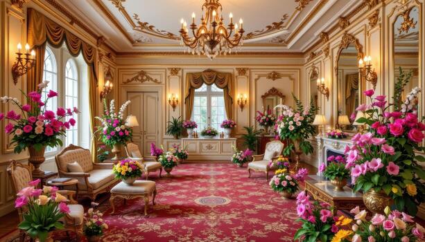 A luxurious drawing room with chandeliers, gilded walls, and patterned carpets, overflowing with roses, lilies, tulips, and orchids in elegant arrangements, no humans or animals. photo
