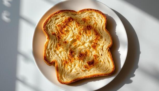 Toast arranged on a white plate with light diagonal shadow patterns. photo