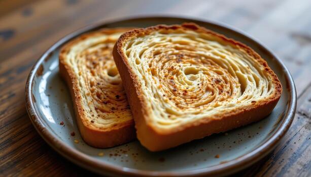 Two slices of toast slightly overlapping each other on a rustic ceramic plate. photo