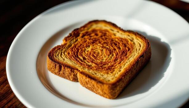 A piece of toast photographed with dramatic side lighting emphasizing its golden brown crust. photo