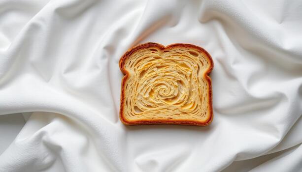 A perfectly even toast lying on a smooth linen fabric background in a calm, bright setting. photo