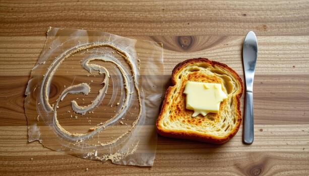 A single slice of toast arranged beside a butter knife with traces of butter left behind. photo