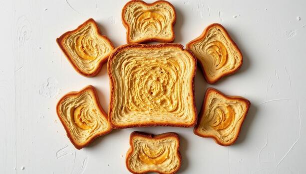 Toast arranged in the center of a minimalist scene surrounded by light textures. photo