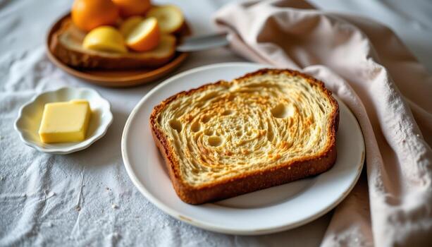 Toast lying beside a butter dish and a cloth napkin folded neatly on a table. photo