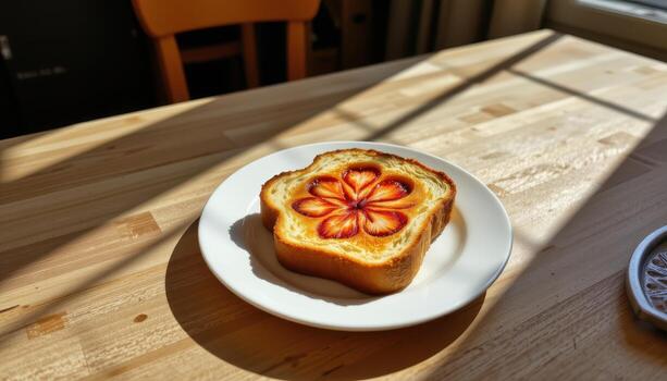 Toast sitting under direct sunlight creating soft shadow patterns on the table. photo