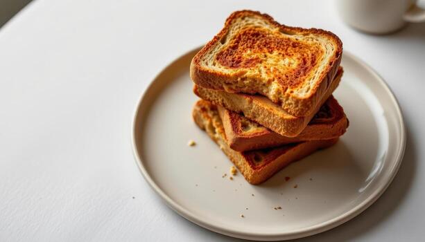 Toast stacked in a clean geometric pattern on a matte ceramic plate. photo