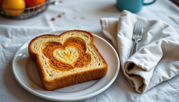 Toast cooling next to a linen napkin folded neatly on a breakfast table. photo