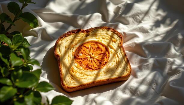 Toast resting under soft shadow patterns from nearby plants. photo