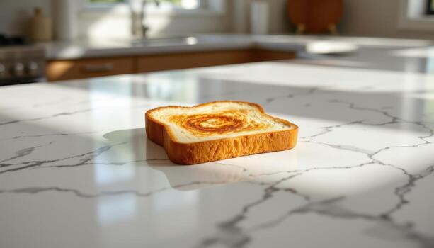 un soltero dorado rebanada de brindis metido perfectamente en el centrar de un mármol encimera con suave, difundido luz. foto