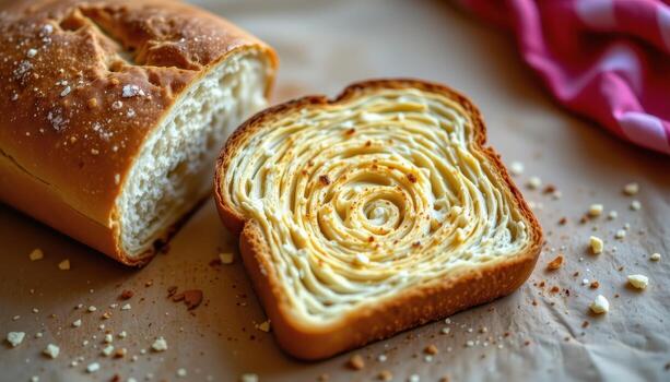 Toast lying beside a bread loaf with visible cut marks and crumbs. photo