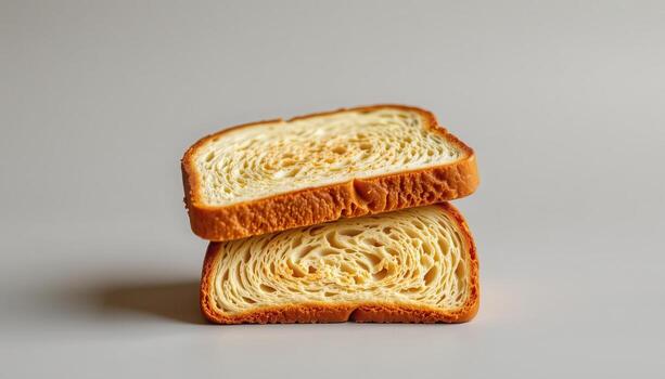 Two slices of toast stacked neatly, with one slightly overlapping the other on a neutral background. photo