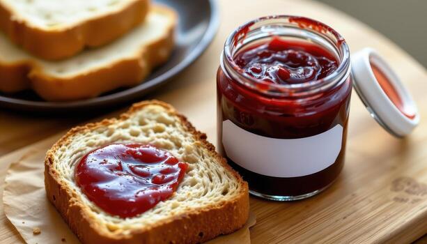 Toast captured beside a jar of jam with the lid slightly open for context. photo