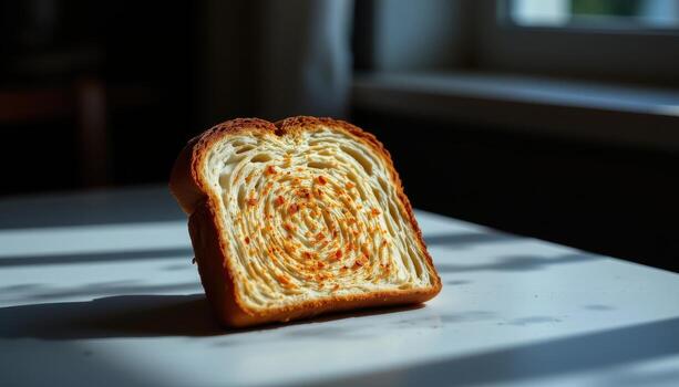 Toast on a matte surface with diffused side lighting for a cinematic mood. photo