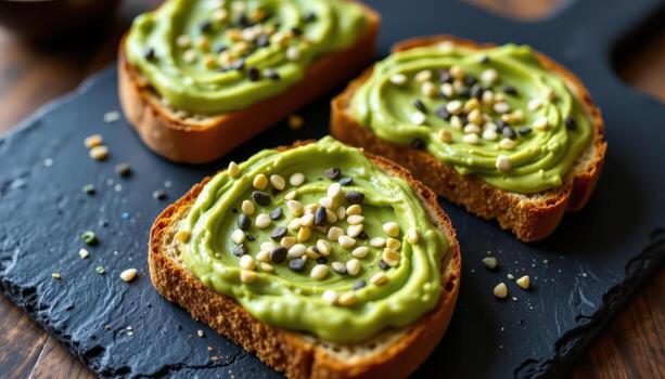 Toast with avocado spread and sesame seeds, styled on a slate board with modern aesthetics. photo
