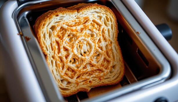 Toast inside a toaster with visible heating elements glowing orange. photo