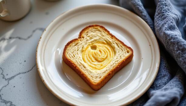 A single slice of toast placed on a neutral toned ceramic plate with diffused lighting. photo