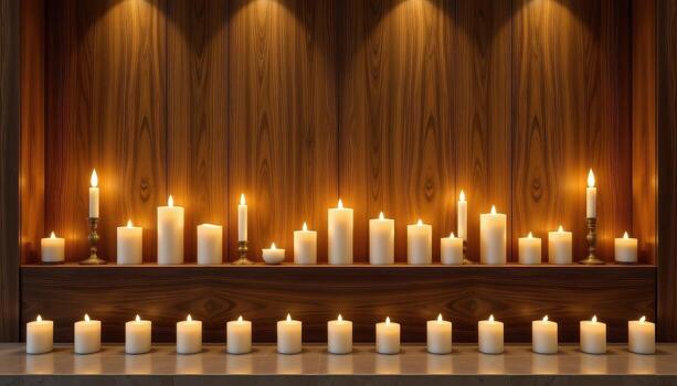 un simétrico diseño de velas conjunto en contra un ricamente terminado nuez pared iluminado suavemente. foto