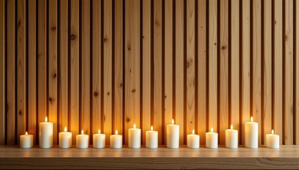 Candles arranged linearly against a natural oak slat wall with visible grain illuminated by soft light. photo