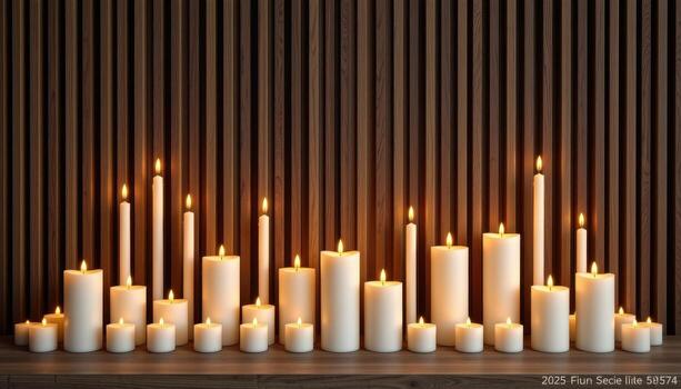 A symmetrical pattern of candles arranged before a dark wood slat wall glowing softly. photo