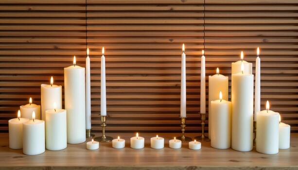 Candles arranged carefully to create a symmetrical pattern against a warm oak slat wall backdrop. photo