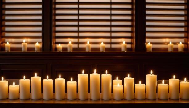 velas alineado igualmente antes de un caoba lama pared iluminado por difundido luz de una vela. foto